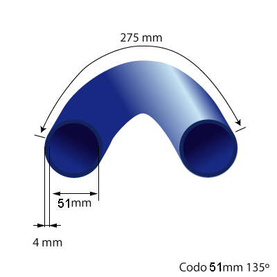 Medidas del codo de silicona 135° y 45mm de diámetro interno