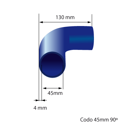 Medidas del codo de silicona 90° y 45mm de diámetro interno