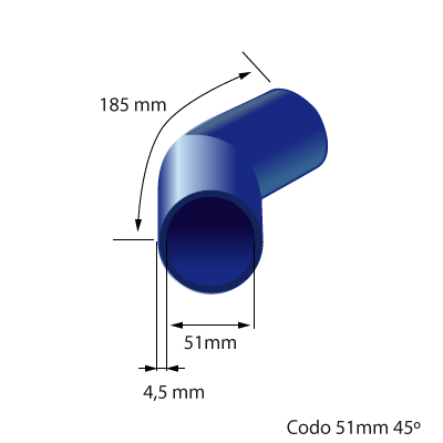Medidas del codo de silicona 45° y 51mm de diámetro interno