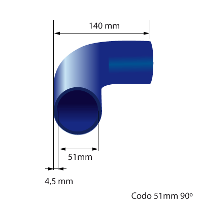 Medidas del codo de silicona 90° y 51mm de diámetro interno