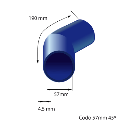 Medidas del codo de silicona 45° y 57mm de diámetro interno