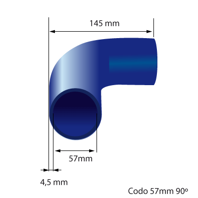 Medidas del codo de silicona 90° y 57mm de diámetro interno