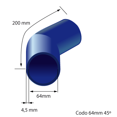 Medidas del codo de silicona 45° y 64mm de diámetro interno