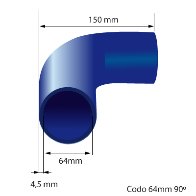 Medidas del codo de silicona 90° y 64mm de diámetro interno