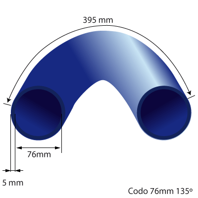 Medidas del codo de silicona 135° y 76mm de diámetro interno