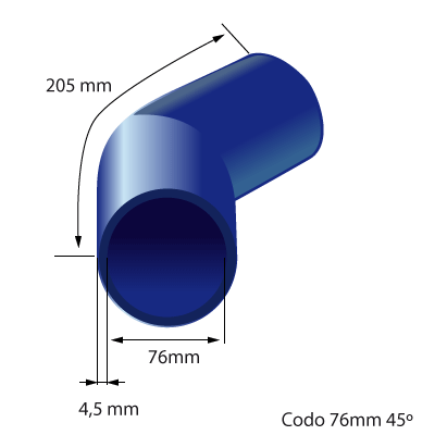 Medidas del codo de silicona 45° y 76mm de diámetro interno