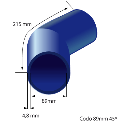 Medidas del codo de silicona 45° y 89mm de diámetro interno