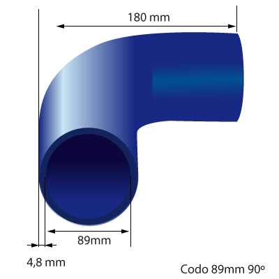 Medidas del codo de silicona 90° y 89mm de diámetro interno