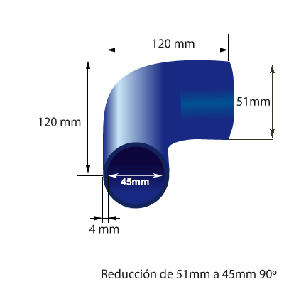 Medidas del codo en reducción de silicona en 90° de 51mm a 45mm de diámetro interno