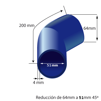 Medidas del codo en reducción de silicona en 45° de 64mm a 57mm de diámetro interno