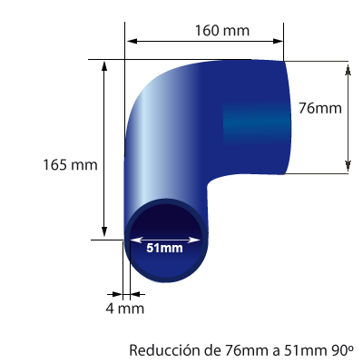 Medidas del codo en reducción de silicona en 90° de 76mm a 51mm de diámetro interno