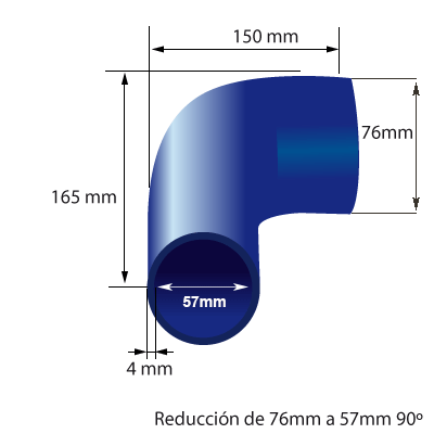 Medidas del codo en reducción de silicona en 90° de 76mm a 57mm de diámetro interno