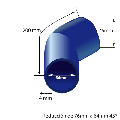 Medidas del codo en reducción de silicona en 45° de 76mm a 64mm de diámetro interno