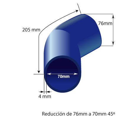 Medidas del codo en reducción de silicona en 45° de 76mm a 70mm de diámetro interno